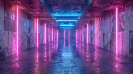Modern futuristic sci-fi concept club background. Grunge concrete, empty dark room with neon...