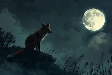 : A fox sneaking up on its prey, with a sense of stealth and cunning, under a bright moon - obrazy, fototapety, plakaty