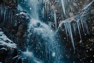 : A frozen waterfall, with melting icicles and water droplets in mid-air - obrazy, fototapety, plakaty