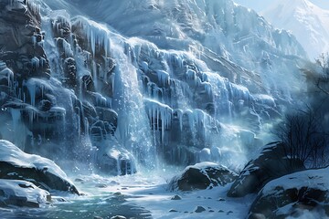 : A frozen waterfall, with melting icicles and water droplets in mid-air