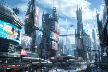 : A futuristic cityscape with holographic advertisements covering the buildings - obrazy, fototapety, plakaty
