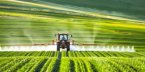 A tractor spraying pesticides in a vast green field during spring. Concept Agriculture, Pesticide Spraying, Tractor, Green Field, Spring