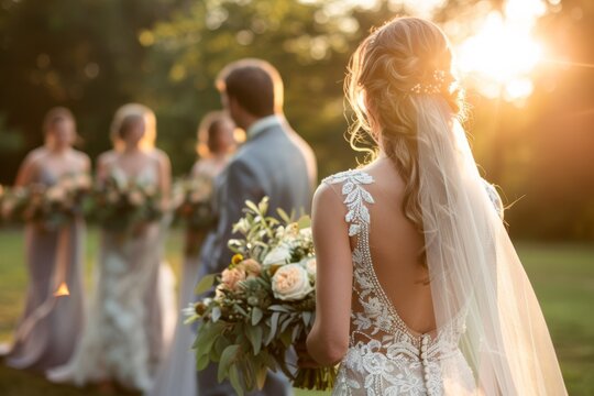 The image captures a stunning back view of a bride holding a bouquet at a sunset wedding ceremony with bridal party