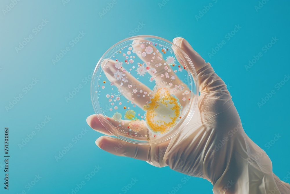 Poster gloved hands showcase close-up view of bacterial colonies in a petri dish