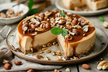 egan Cheesecake with Nuts and Caramel - A rich cheesecake on a nut base with vegan cheese and caramel, decorated with nuts