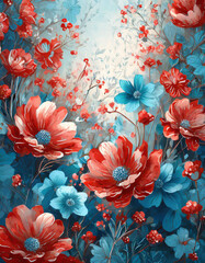 Dekoracyjna tapeta utworzona z czerwonych i niebieskich kwiatów w stylu vintage. Generative AI - obrazy, fototapety, plakaty