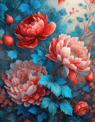 Dekoracyjna tapeta utworzona z czerwonych i niebieskich kwiatów w stylu vintage. Generative AI