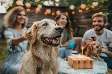 Golden retriever enjoying a birthday party with people and a cake in the background