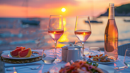 Romantic sunset dinner on the beach. Table honeymoon set for two with luxurious food, glasses of champagne drinks in a restaurant with sea view. Summer love, romance date on vacation concept. - Powered by Adobe
