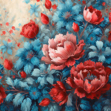 Fototapeta Dekoracyjna tapeta utworzona z czerwonych i niebieskich kwiatów w stylu vintage. Generative AI