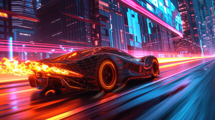 Futuristic racing car drives fast on highway at night, shiny luxury auto runs on neon city road, sports vehicle moves on street. Concept of speed, light, cyberpunk, future