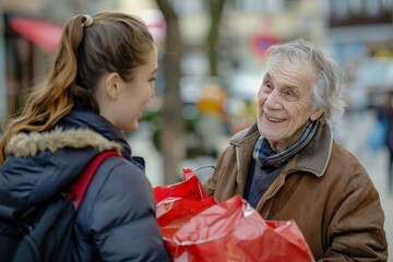 A joyful senior man exchanges smiles and bags with a younger woman on a city street