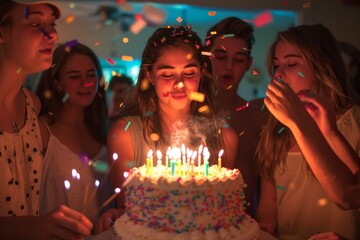 A group of smiling teenagers celebrating with a birthday girl blowing out candles on a cake