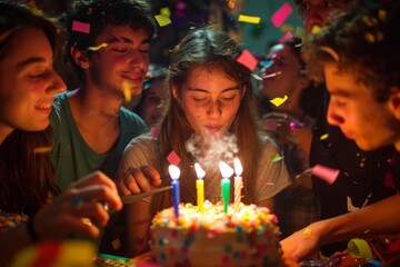 Obraz na płótnie Canvas Teenage girl blowing out candles on her birthday cake surrounded by friends and confetti