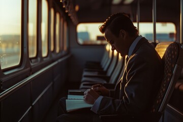 An elegant businessman reviews important documents on an empty bus with evening light