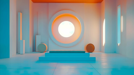 A clean and minimalist space punctuated by bursts of vivid azure and tangerine, creating a captivating interplay of colors against the pristine white backdrop - obrazy, fototapety, plakaty