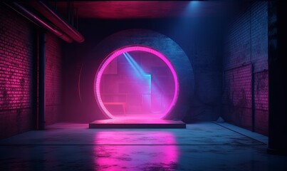 Neon brick bunker with pedestal and portal background. Concrete 3d cyber dirty room with pipes in industrial purple catacombs and futuristic design