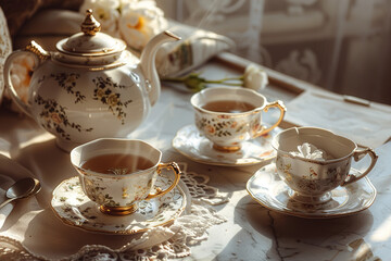 Fototapeta premium Bed set for afternoon tea with pastel pink, blue, yellow and green tea set. Tea party,