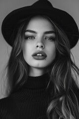 A monochrome portrait of an elegant woman wearing a hat and a black turtleneck, exuding sophistication