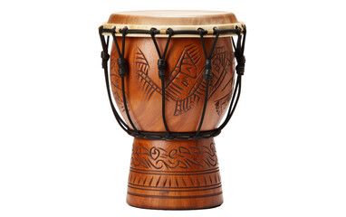 A wooden drum stands solitary, its smooth surface and intricate design contrasting against a simple white backdrop