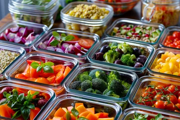 Fotobehang Close-up of healthy vegetarian food in containers. © Jacek