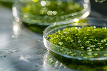 This image showcases a close-up of multiple petri dishes containing green algae specimens under laboratory lighting - obrazy, fototapety, plakaty