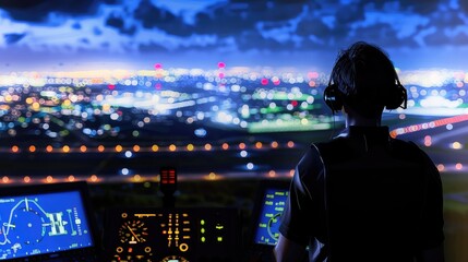A skilled male air traffic controller managing flights in a control tower. In the control tower, a...