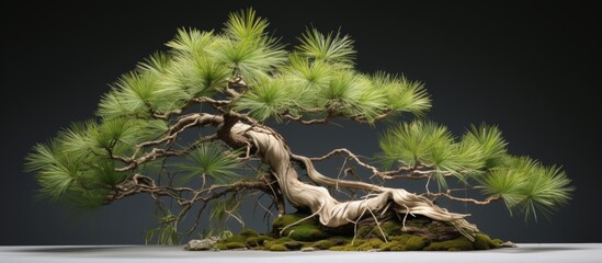 A small bonsai tree, a terrestrial plant, sits elegantly on a wooden table, surrounded by grass and water, creating a natural landscape with its delicate twigs