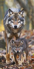 wolf and its cub, the cub wolf is in front of the adult wolf, front view 
