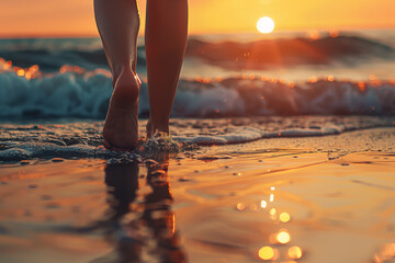 The girl's legs close up. Barefoot on the sand and the sea shore. A girl's feet a woman walks along...