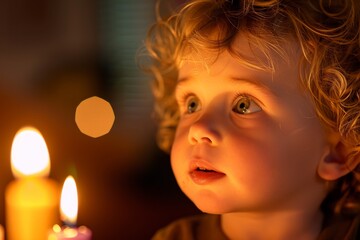 A delightful scene of a curly-haired child intrigued by the flickering lights of birthday candles, symbolizing joy and youth