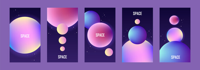 Set of space vertical flyers. 3D Planets and stars. Stories design. Templates for posters, banners, cards, presentations. Vector modern illustration