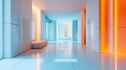 A clean and minimalist space punctuated by bursts of vivid azure and tangerine, creating a captivating interplay of colors against the pristine white backdrop - obrazy, fototapety, plakaty