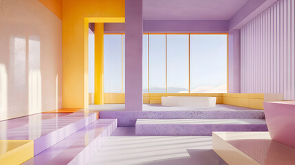A clean and minimalist space punctuated by bursts of vivid mustard and lavender, creating a captivating fusion of simplicity and artistic vibrancy - obrazy, fototapety, plakaty