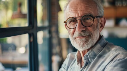 Fototapeta premium Older Man With Glasses Looking Out a Window