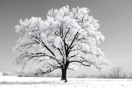 : A high-contrast black and white image of a tree in winter, with contrasting branches and snow,