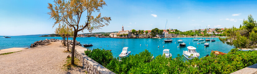 Panorama from the Adriatic promenade of the town of Krk on the island of Krk, Croatia