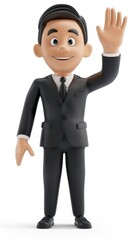 3D illustration of a cartoon character in a tuxedo saying hello