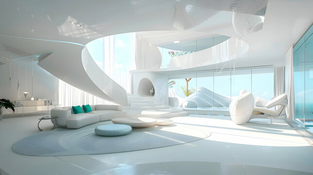 A minimalist haven accentuated by bursts of vibrant turquoise and chartreuse, creating a dynamic and visually stimulating atmosphere within the serene white environment