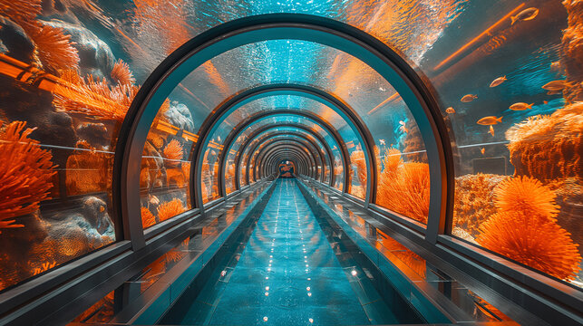 An underwater view of a thrilling aquapark attraction, with guests zipping through transparent tubes surrounded by colorful marine life, providing an immersive and exhilarating exp
