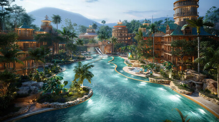 A bird's-eye view of a sprawling aquapark complex with multiple themed zones, including a pirate...