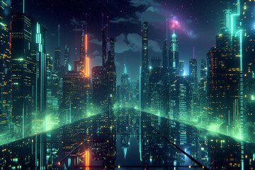 Futuristic cityscape with reflective surfaces and a snowy mountain backdrop, illustrating a blend of nature and advanced technology