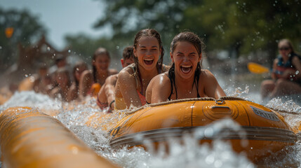 An action-packed image of friends riding a giant inflatable raft down a twisting and turning raft slide, gripping tightly as they navigate sharp bends and sudden drops, with water - obrazy, fototapety, plakaty