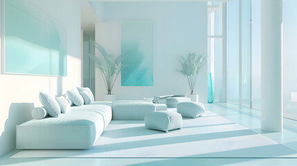 A minimalist haven accentuated by bursts of vibrant turquoise and chartreuse, creating a dynamic...