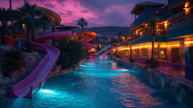 An enchanting night-time view of an aquapark illuminated by colorful lights, with water slides and pools glowing in vibrant hues, creating a magical and inviting atmosphere for eve