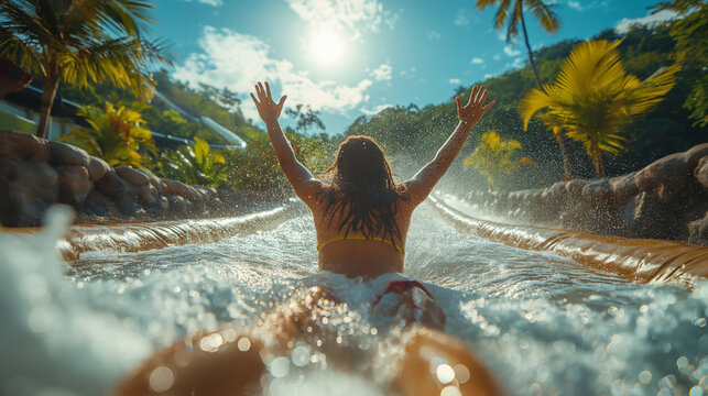A thrilling moment captured as a daring visitor takes the plunge on a steep water slide, hurtling down at high speed with arms raised in exhilaration, against the backdrop of a cle