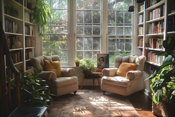 : A light-filled sunroom transformed into a serene reading nook. Comfortable armchairs and a plush rug create a haven for relaxation. Sunlig - obrazy, fototapety, plakaty