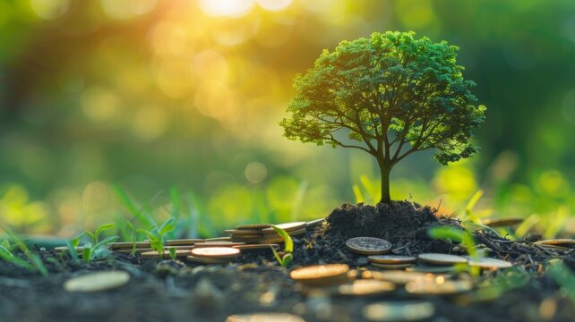 Tree growing from coins on soil with sunlight - Concept image showing investment growth with a tree sprouting from coins in rich soil and golden sunlight