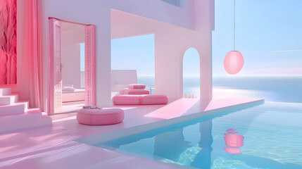 A minimalist haven punctuated by bursts of vibrant fuchsia and azure, casting a radiant and inviting ambiance against the clean white backdrop - obrazy, fototapety, plakaty