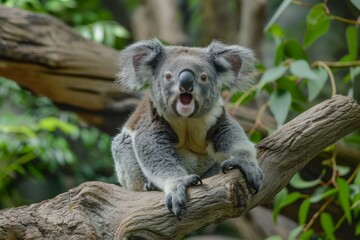 Fototapeta premium Koala Sitting on Tree Branch Yawning